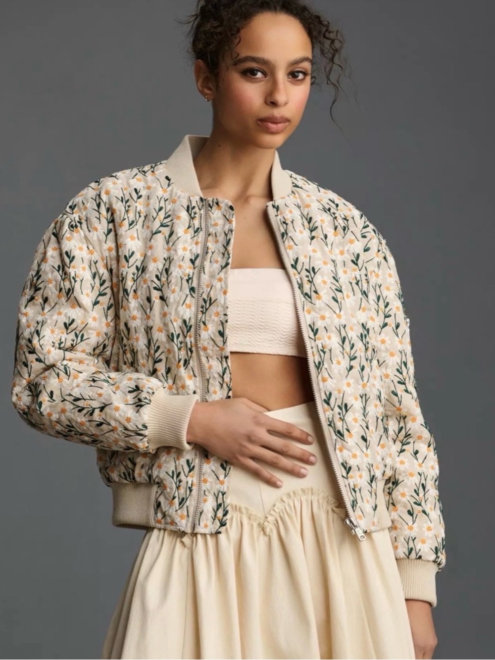 Avec Les Filles Cream Floral Quilted Bomber Jacket- NWOT